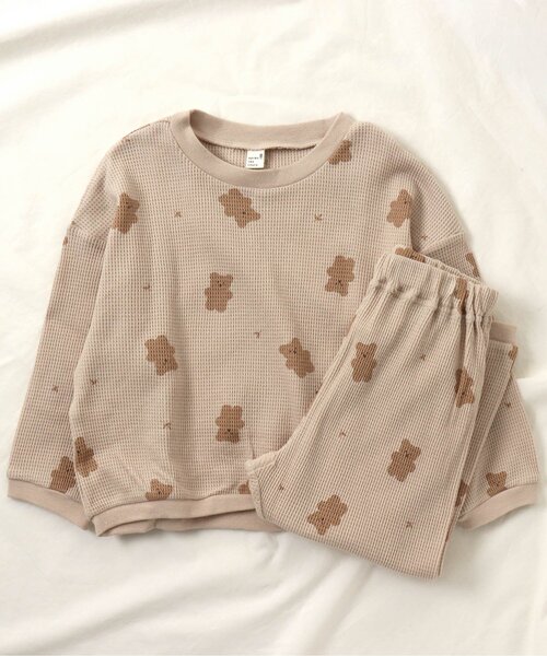 apres les cours（アプレレクール）の「ワッフルパジャマ(クマ柄・乗り物柄) 10分丈（ルームウェア/パジャマ・キッズ・ベージュ/アイボリー/グレー/オフホワイト・100/120/110/90/80/130）」の4枚目の写真