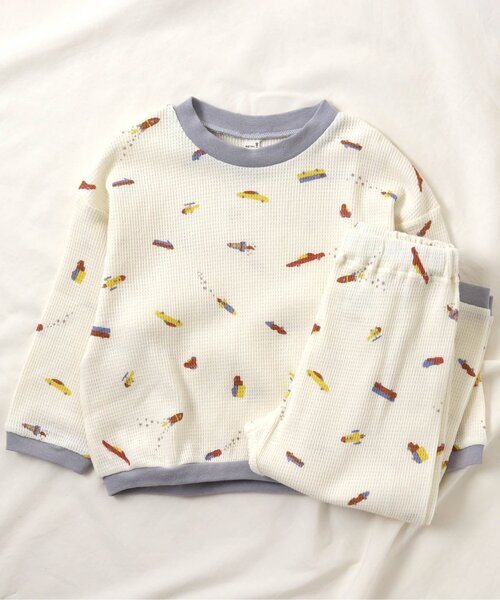 apres les cours（アプレレクール）の「ワッフルパジャマ(クマ柄・乗り物柄) 10分丈（ルームウェア/パジャマ・キッズ・ベージュ/アイボリー/グレー/オフホワイト・100/120/110/90/80/130）」の2枚目の写真