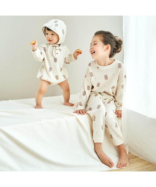 apres les cours（アプレレクール）の「ワッフルパジャマ(クマ柄・乗り物柄) 10分丈（ルームウェア/パジャマ・キッズ・ベージュ/アイボリー/グレー/オフホワイト・100/120/110/90/80/130）」の7枚目の写真