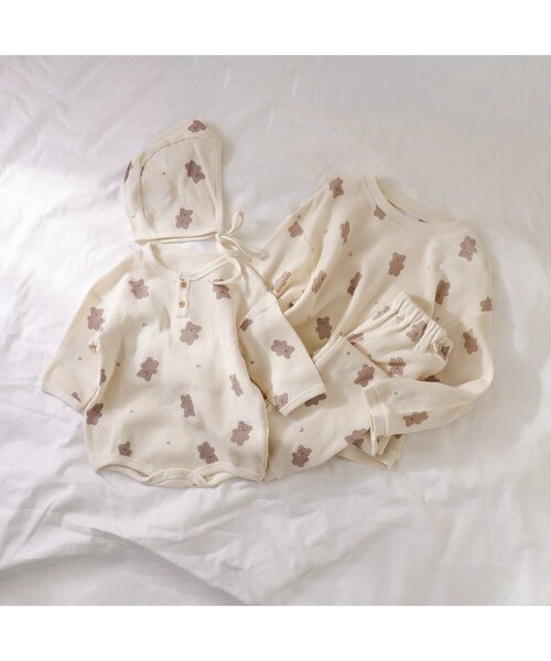 apres les cours（アプレレクール）の「ワッフルパジャマ(クマ柄・乗り物柄) 10分丈（ルームウェア/パジャマ・キッズ・ベージュ/アイボリー/グレー/オフホワイト・100/120/110/90/80/130）」の8枚目の写真