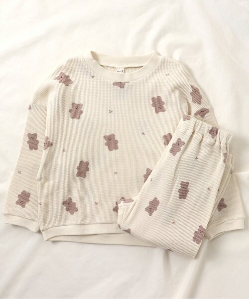 apres les cours（アプレレクール）の「ワッフルパジャマ(クマ柄・乗り物柄) 10分丈（ルームウェア/パジャマ・キッズ・ベージュ/アイボリー/グレー/オフホワイト・100/120/110/90/80/130）」の9枚目の写真