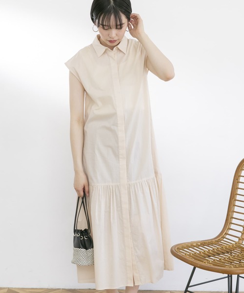 UR Lab.(アーバンリサーチラボ)の「フレンチスリーブマキシシャツワンピース(ワンピース・レディース・ブラック/ベージュ/カーキ/ピンク・FREE)」の1枚目の写真