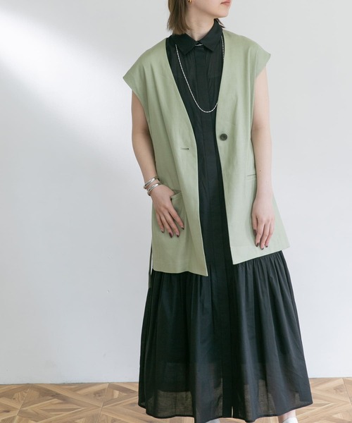 UR Lab.(アーバンリサーチラボ)の「フレンチスリーブマキシシャツワンピース(ワンピース・レディース・ブラック/ベージュ/カーキ/ピンク・FREE)」の6枚目の写真