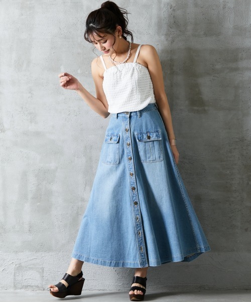 ROSE FAN FAN（ローズファンファン）の「大きいサイズ 綿100％フロントボタンデニムロングスカート ローズファンファン（デニムスカート・レディース・ネイビー系/ブルー系・3L/L/4L/LL）」の19枚目の写真