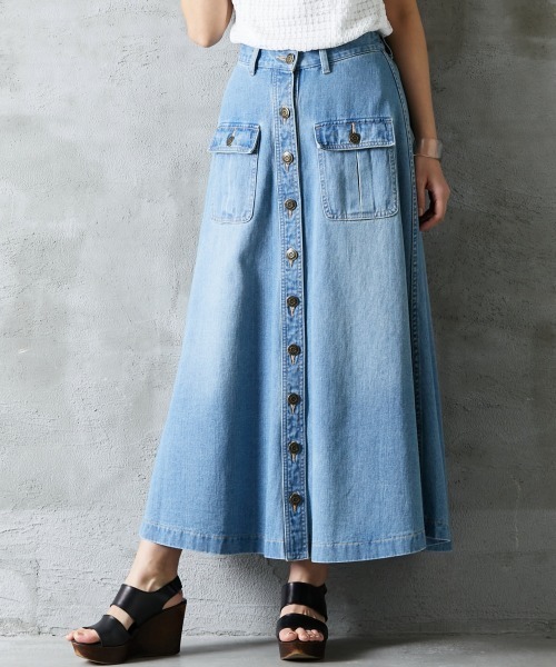ROSE FAN FAN（ローズファンファン）の「大きいサイズ 綿100％フロントボタンデニムロングスカート ローズファンファン（デニムスカート・レディース・ネイビー系/ブルー系・3L/L/4L/LL）」の21枚目の写真