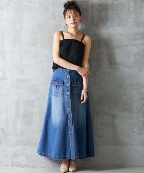 ROSE FAN FAN（ローズファンファン）の「大きいサイズ 綿100％フロントボタンデニムロングスカート ローズファンファン（デニムスカート・レディース・ネイビー系/ブルー系・3L/L/4L/LL）」の7枚目の写真