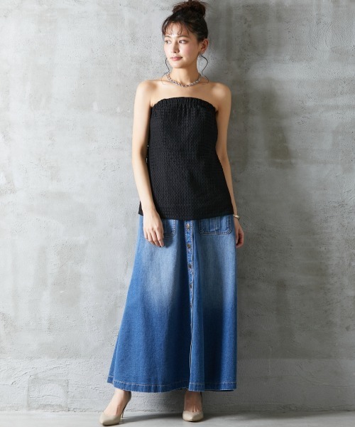 ROSE FAN FAN（ローズファンファン）の「大きいサイズ 綿100％フロントボタンデニムロングスカート ローズファンファン（デニムスカート・レディース・ネイビー系/ブルー系・3L/L/4L/LL）」の18枚目の写真