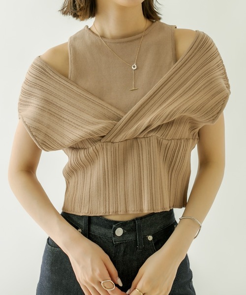 mystic（ミスティック）の「レイヤードクロスニット（ニット/セーター・レディース・ブラック/オフホワイト/ブルー/キャメル・FREE）」の4枚目の写真