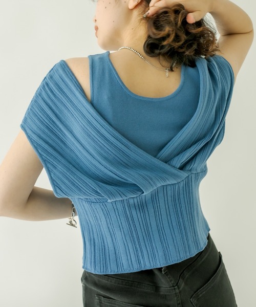 mystic（ミスティック）の「レイヤードクロスニット（ニット/セーター・レディース・ブラック/オフホワイト/ブルー/キャメル・FREE）」の3枚目の写真