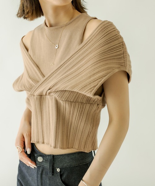 mystic（ミスティック）の「レイヤードクロスニット（ニット/セーター・レディース・ブラック/オフホワイト/ブルー/キャメル・FREE）」の8枚目の写真