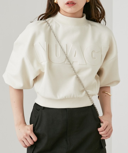 Chico(チコ)の「5分袖エンボスハイネックスウェット(スウェット・レディース・アイボリー/ブラック/グリーン/ピンク・FREE)」の1枚目の写真