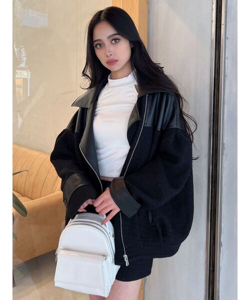 GYDA（ジェイダ）の「【セットアップ着用可】Spring Tweed BIGライダースジャケット（ライダースジャケット・レディース・ブラック/アイボリー・FREE）」の5枚目の写真