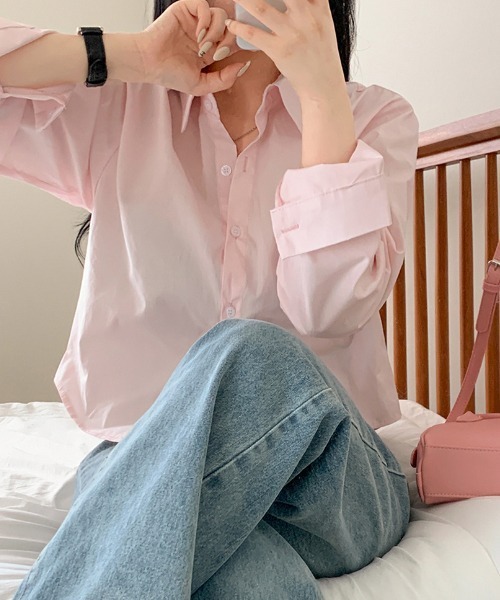 BEIDELLI（ベイデリー）の「[BELLIDE MADE] コットンスムージーセミクロップシャツ（シャツ/ブラウス・レディース・ピンク/グレー・FREE）」の12枚目の写真