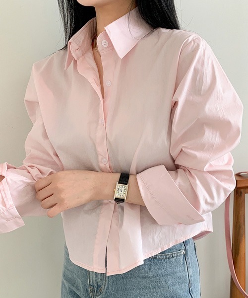 BEIDELLI（ベイデリー）の「[BELLIDE MADE] コットンスムージーセミクロップシャツ（シャツ/ブラウス・レディース・ピンク/グレー・FREE）」の6枚目の写真