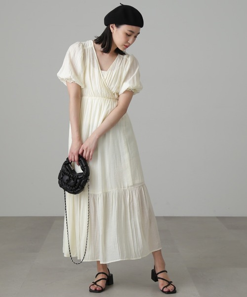 FREE'S MART（フリーズマート）の「【Sシリーズ対応】◆カシュクール半袖ティアードワンピース（ワンピース・レディース・イエロー/ブラック/ホワイト・MEDIUM/X-SMALL/SMALL）」の14枚目の写真