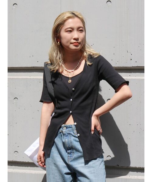 Ungrid（アングリッド）の「オーガニックコットンテレコハーフスリーブカーデ（カーディガン/ボレロ・レディース・ピンク/アイボリー/ブラック・FREE）」の3枚目の写真