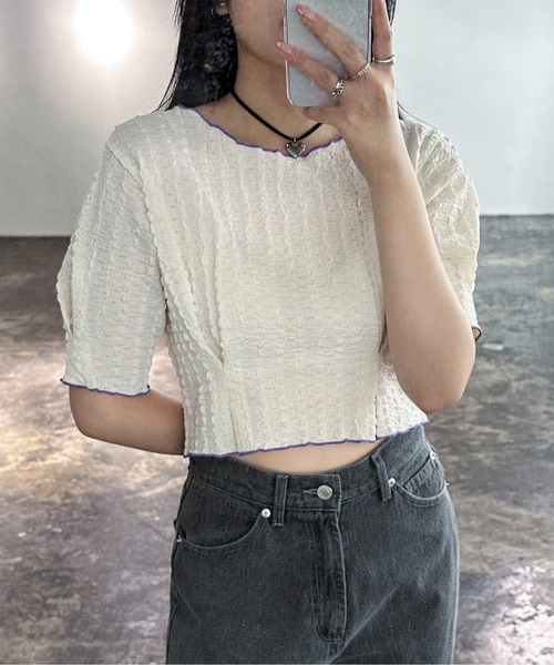 EPIMI E'PIMMY（エピミエピミー）の「２WayジャガードTシャツ（Tシャツ/カットソー・レディース・ブラック/アイボリー/ホワイト系/ブラック系・MEDIUM）」の2枚目の写真