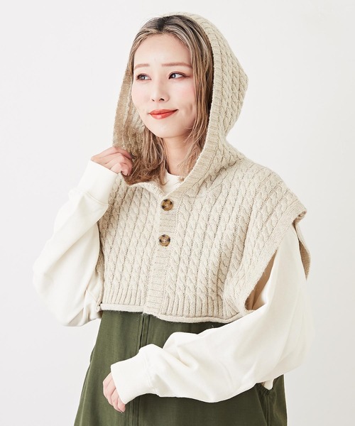 CUBE SUGAR（キューブシュガー）の「アンティークニットバラクラバケープ（ネックウォーマー/スヌード・レディース・グリーン/チャコールグレー/ピンク/ナチュラル・M）」の3枚目の写真