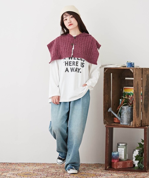 CUBE SUGAR（キューブシュガー）の「アンティークニットバラクラバケープ（ネックウォーマー/スヌード・レディース・グリーン/チャコールグレー/ピンク/ナチュラル・M）」の8枚目の写真