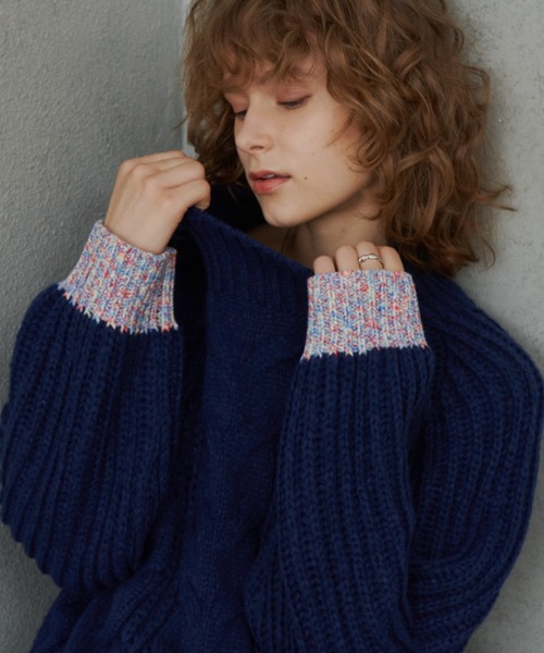 Original Blue ネイビー ケーブルニット M Mc Kenzy ケーブル編み ウールニット セーター パープル