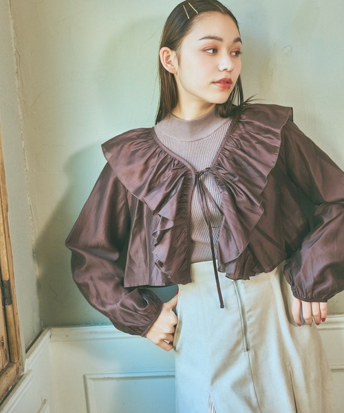 mysty woman(ミスティウーマン)の「プチハイニットブラウスSET 992627(シャツ/ブラウス・レディース・オフホワイト/ブラウン・FREE)」の6枚目の写真