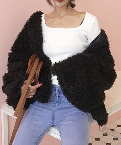 Miniministore（ミニミニストア）の「ボアジャケットレディースふんわりブルゾン（ブルゾン・レディース・ピンク/オフホワイト/ブラック・L）」の7枚目の写真