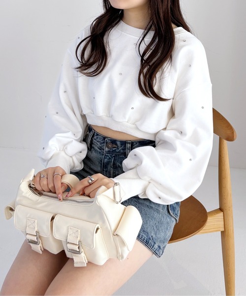 Heather（ヘザー）の「ビジューショート裏毛スウェット　105334（スウェット・レディース・ピンク/ホワイト/グレー・FREE）」の2枚目の写真