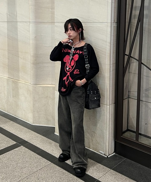 セール】ヴィンテージ風 ルーズワイドバギーデニム フリンジデザイン