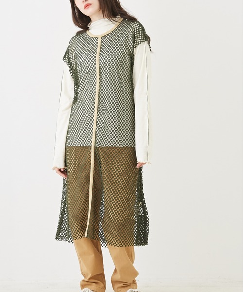 CUBE SUGAR(キューブシュガー)の「メッシュフレンチスリーブワンピース(ワンピース・レディース・ナチュラル/ブルー系その他/カーキ系/カーキ・M)」の2枚目の写真