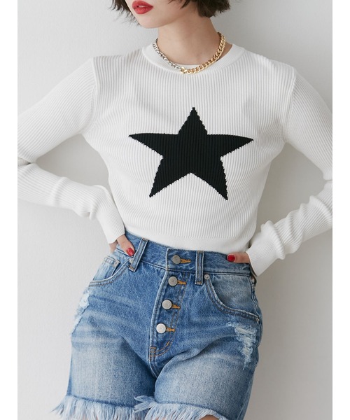 jouetie(ジュエティ)の「スターモチーフフィットニット(ニット/セーター・レディース・オフホワイト/ネイビー/ブラック・MEDIUM)」の2枚目の写真