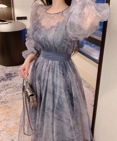 FREE STYLISTS(フリー スタイリスト)の「YUGA_YGMC シアー フレンチスリーブ リボンフレア ドレスワンピース(ドレス・レディース・ベージュ/ラベンダー・FREE)」の19枚目の写真