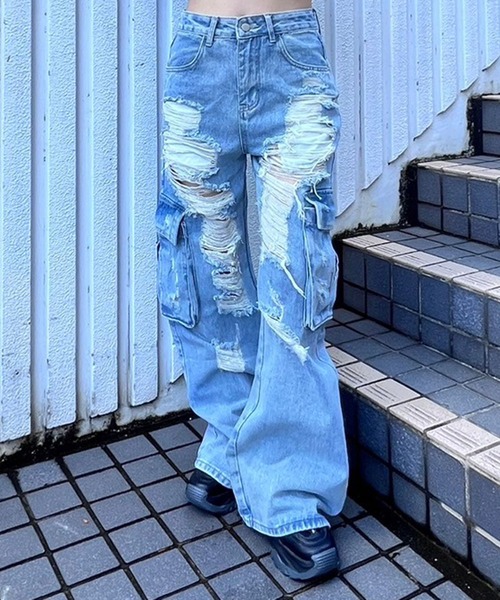 セール】クラッシュデニムカーゴパンツ（デニムパンツ）｜Figments 