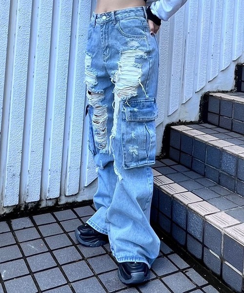 クラッシュデニムカーゴパンツ