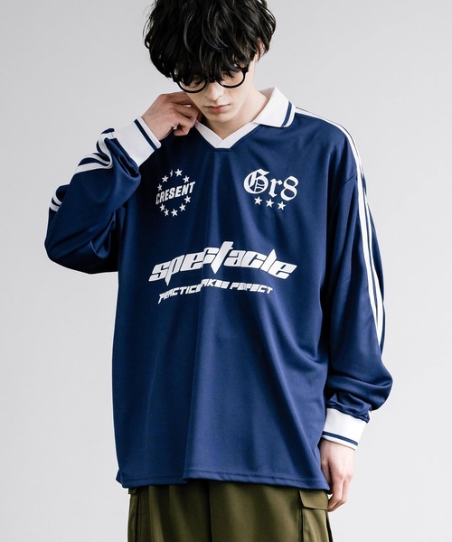 オーバーサイズサッカーユニフォーム風襟付きロンT/長袖Tシャツ