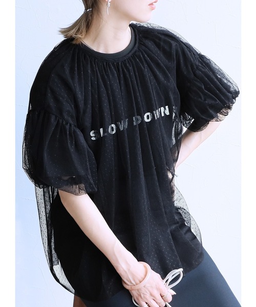 reca(レカ)の「ドットチュールレイヤードギャザーブラウス(シャツ/ブラウス・レディース・キナリ/ブラック・M)」の2枚目の写真