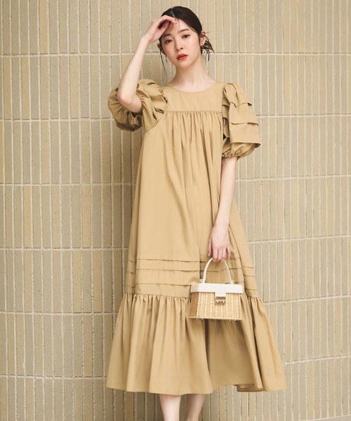 洗えるタックギャザーロング丈リゾートワンピース（ワンピース