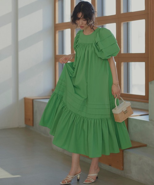 洗えるタックギャザーロング丈リゾートワンピース（ワンピース