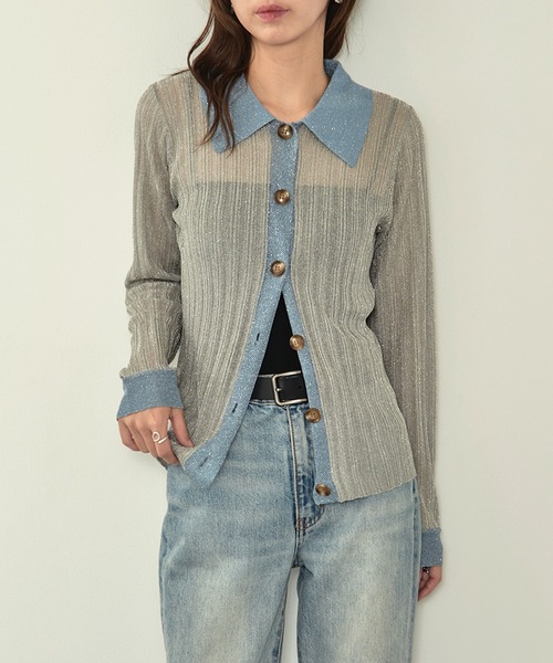 MAISON BREEZE reveur（メゾンブリーズレヴール）の「【MAISON BREEZE reveur】sheer lame knit with collar 襟付き配色シアーラメニット（ニット/セーター・レディース・シルバー/ブラック/ベージュ・FREE）」の3枚目の写真