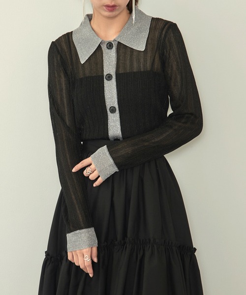 MAISON BREEZE reveur（メゾンブリーズレヴール）の「【MAISON BREEZE reveur】sheer lame knit with collar 襟付き配色シアーラメニット（ニット/セーター・レディース・シルバー/ブラック/ベージュ・FREE）」の2枚目の写真