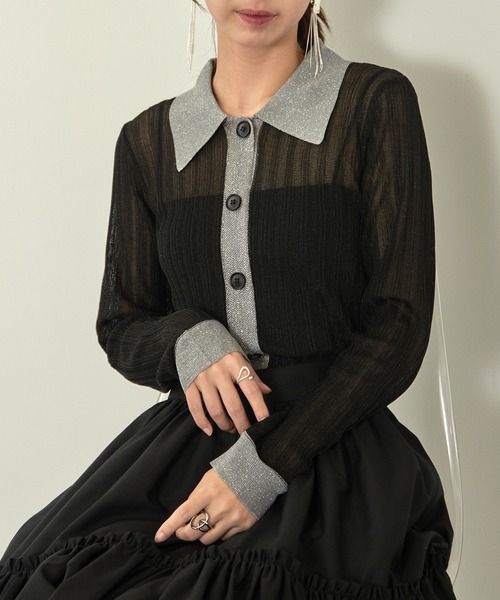 MAISON BREEZE reveur（メゾンブリーズレヴール）の「【MAISON BREEZE reveur】sheer lame knit with collar 襟付き配色シアーラメニット（ニット/セーター・レディース・シルバー/ブラック/ベージュ・FREE）」の5枚目の写真