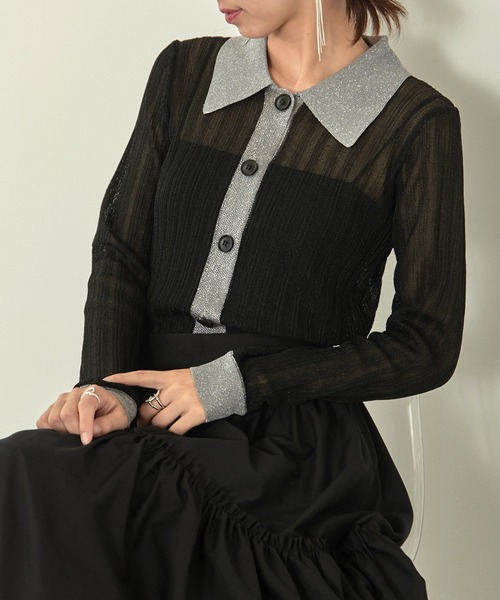 MAISON BREEZE reveur（メゾンブリーズレヴール）の「【MAISON BREEZE reveur】sheer lame knit with collar 襟付き配色シアーラメニット（ニット/セーター・レディース・シルバー/ブラック/ベージュ・FREE）」の4枚目の写真