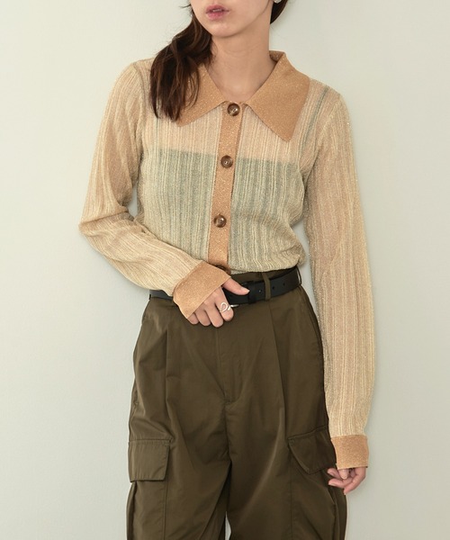 MAISON BREEZE reveur（メゾンブリーズレヴール）の「【MAISON BREEZE reveur】sheer lame knit with collar 襟付き配色シアーラメニット（ニット/セーター・レディース・シルバー/ブラック/ベージュ・FREE）」の6枚目の写真