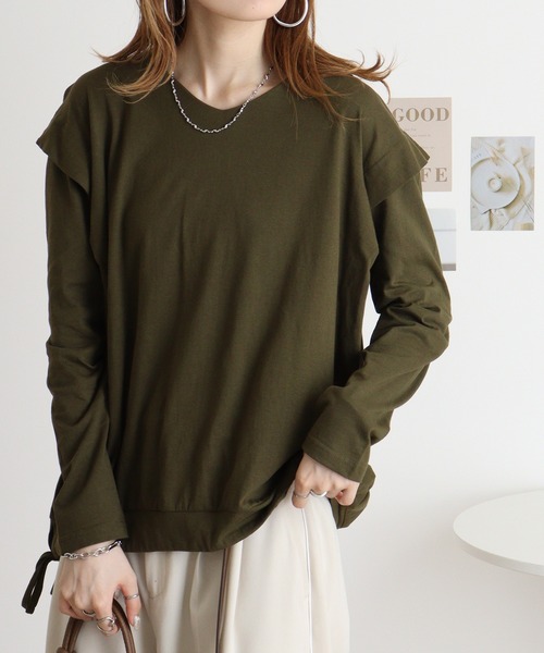 atONE(アットワン)の「atONE タックディテールリボンVネックカットソー(Tシャツ/カットソー・レディース・オフホワイト/ブラック/グレイッシュベージュ/カーキ/チャコールグレー・M-L/4L~5L/LL~3L)」の5枚目の写真