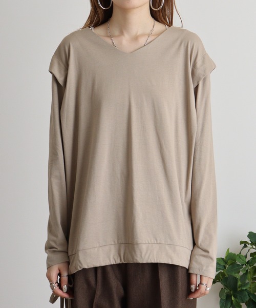 atONE(アットワン)の「atONE タックディテールリボンVネックカットソー(Tシャツ/カットソー・レディース・オフホワイト/ブラック/グレイッシュベージュ/カーキ/チャコールグレー・M-L/4L~5L/LL~3L)」の15枚目の写真
