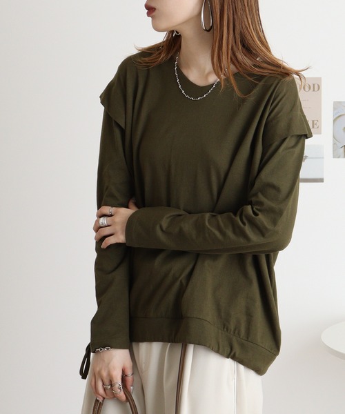 atONE(アットワン)の「atONE タックディテールリボンVネックカットソー(Tシャツ/カットソー・レディース・オフホワイト/ブラック/グレイッシュベージュ/カーキ/チャコールグレー・M-L/4L~5L/LL~3L)」の19枚目の写真