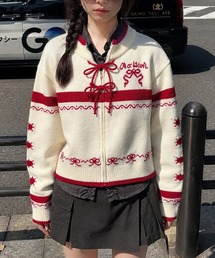 HOOK（フック）の「【HOOK】for girls リボン柄ジップニット（カーディガン/ボレロ）」