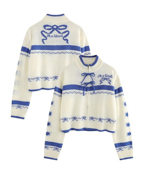 セール】【HOOK】for girls リボン柄ジップニット（カーディガン