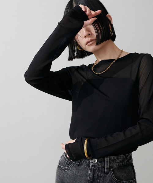 LARUTA（ラルータ）の「【LARUTA】メッシュチュールプルオーバー（Tシャツ/カットソー・レディース・グレー/チャコールグレー/ピンク/ブラック/オフホワイト・FREE）」の2枚目の写真