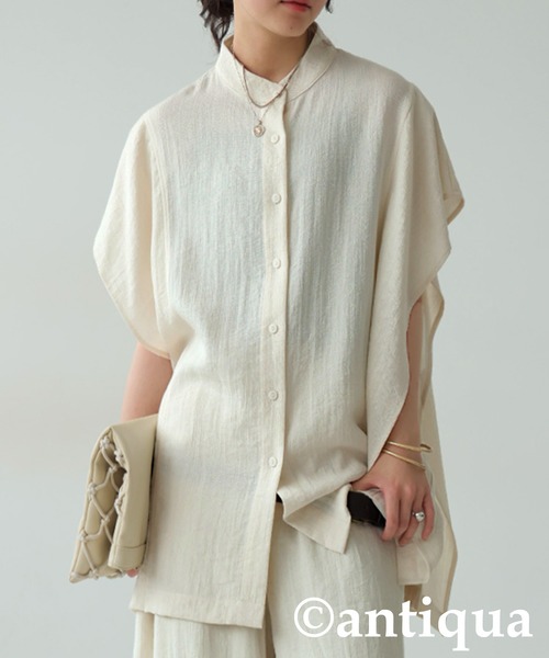 antiqua(アンティカ)の「リネンタッチトップス(シャツ/ブラウス・レディース・ナチュラル/ブラック・ONESIZE)」の2枚目の写真