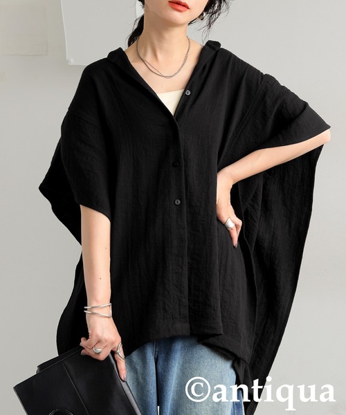 antiqua(アンティカ)の「リネンタッチトップス(シャツ/ブラウス・レディース・ナチュラル/ブラック・ONESIZE)」の1枚目の写真